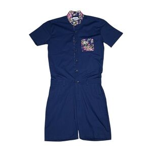 Romper Jack Men's Navy Blue Short Sleeve Utility Romper Size Small Floral Trim